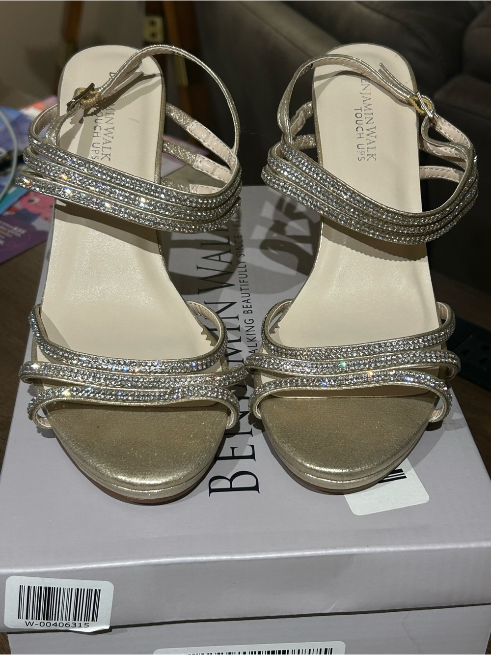 Benjamin Walk Gold Crystal Strap Heels